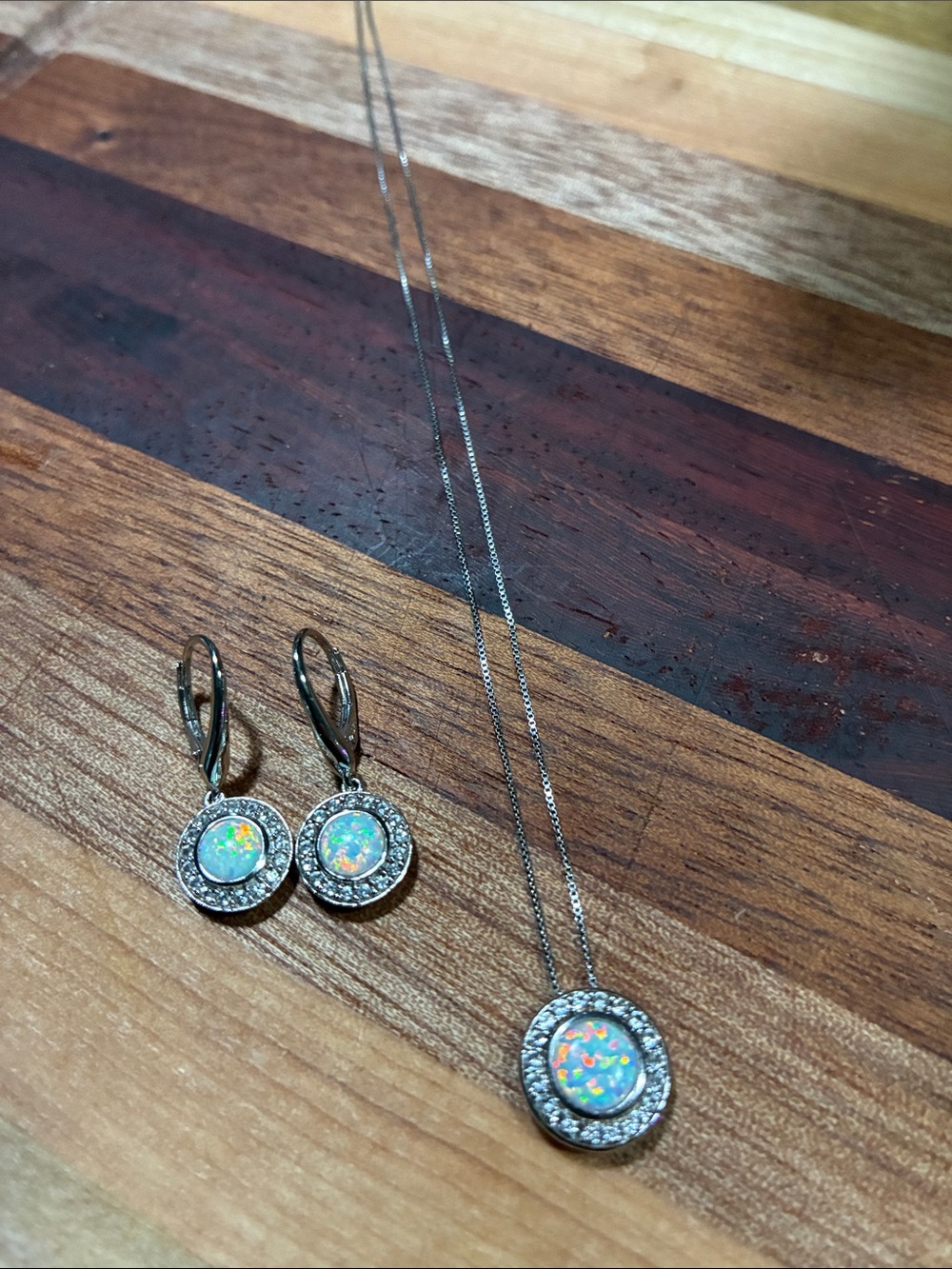 Zales Silver White Opal Halo Necklace and Earrings Set